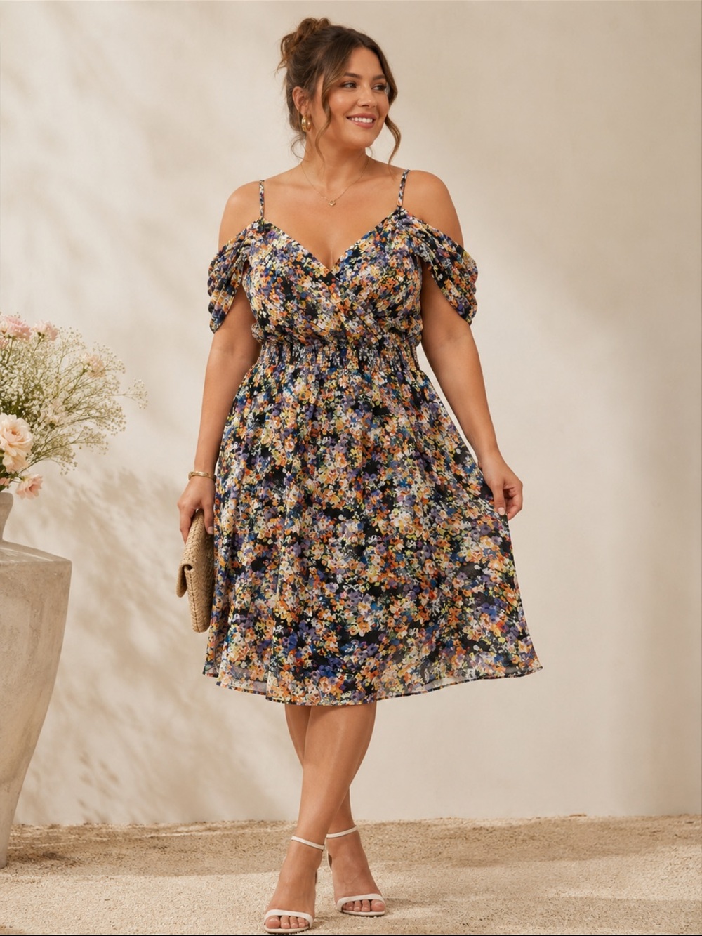 VTG Spenser Jeremy Woman Plus Floral Cold Shoulder Dress Black Multi Size 18W